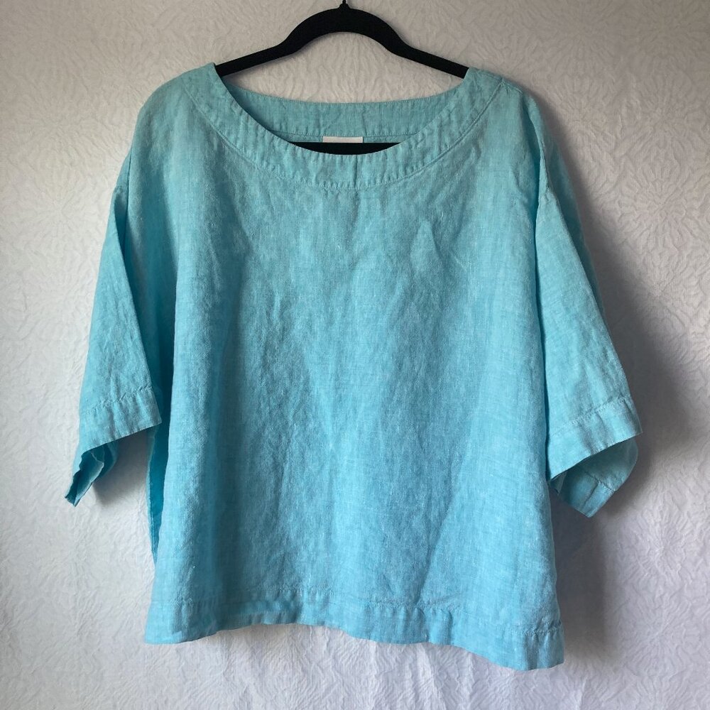 J. Jill PURE JILL 100% Linen Lagenlook Top Oversized Boxy Fit Aqua Blue Size M